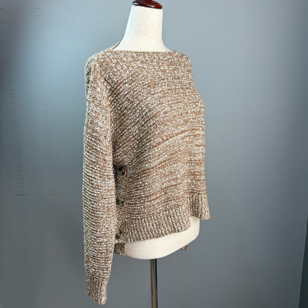 Madewell Sweater Size S Brown White Oversized Cozy High Low Buttons Boatneck